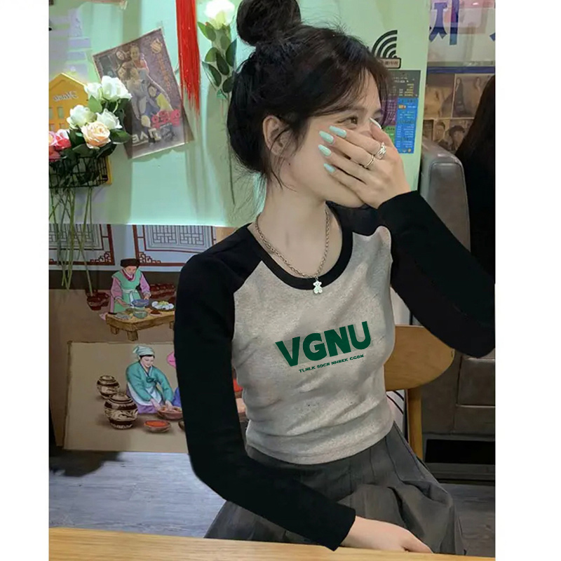 长袖t恤拼色短款小衫女