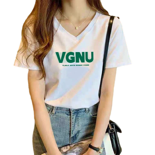 欧洲站2026年夏季新款V领短袖t恤女白色纯棉洋气修身显瘦百搭上衣