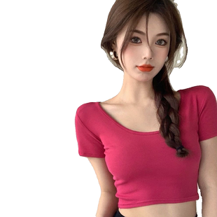 玫红色短袖t恤女夏季方领紧身短款高腰小众露脐别致上衣小个子棉