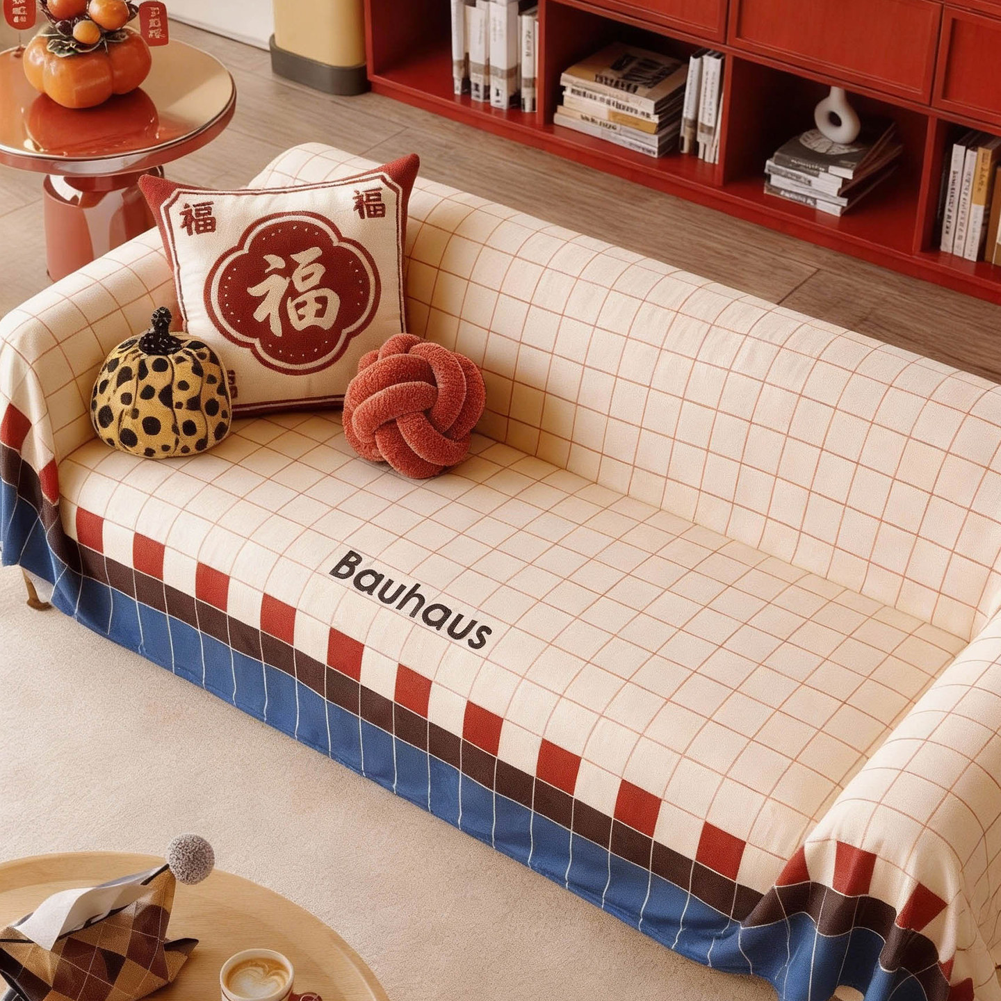 敏顺轻奢高级感沙发盖布条纹现代中式毛绒春节新年沙发巾格纹盖毯