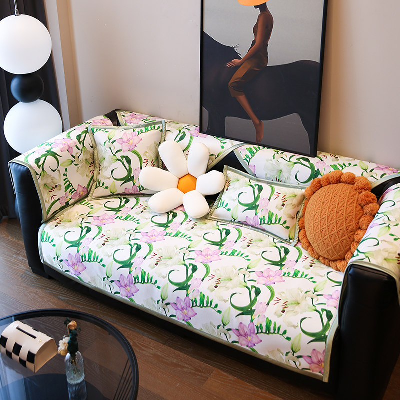 敏顺冰丝沙发垫夏季新款田园花卉凉感防滑沙发盖布凉席贵妃套罩巾