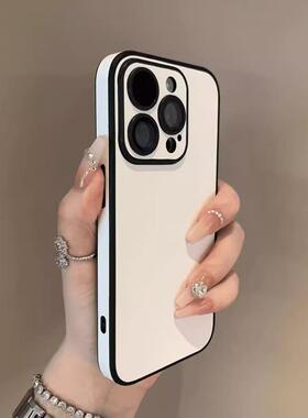 简约皮质自带镜头膜适用苹果16Promax高级撞色手机壳iPhone15Pro全包14情侣简约ip13小众12素皮11保护套plus