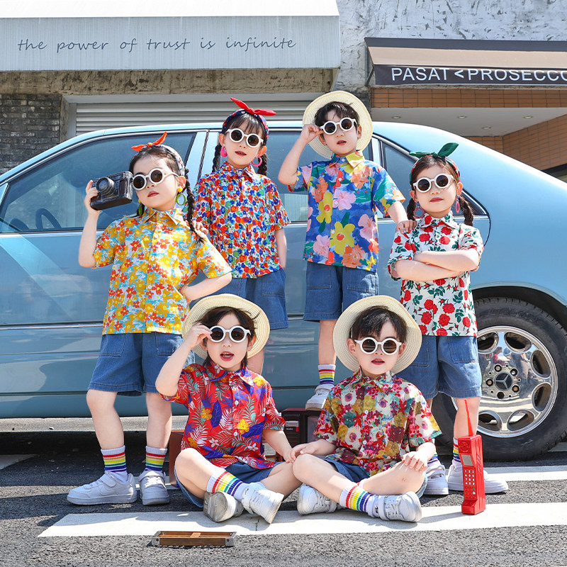 复古儿童港风演出服小学生花衬衫运动会表演服幼儿园毕业拍照班服