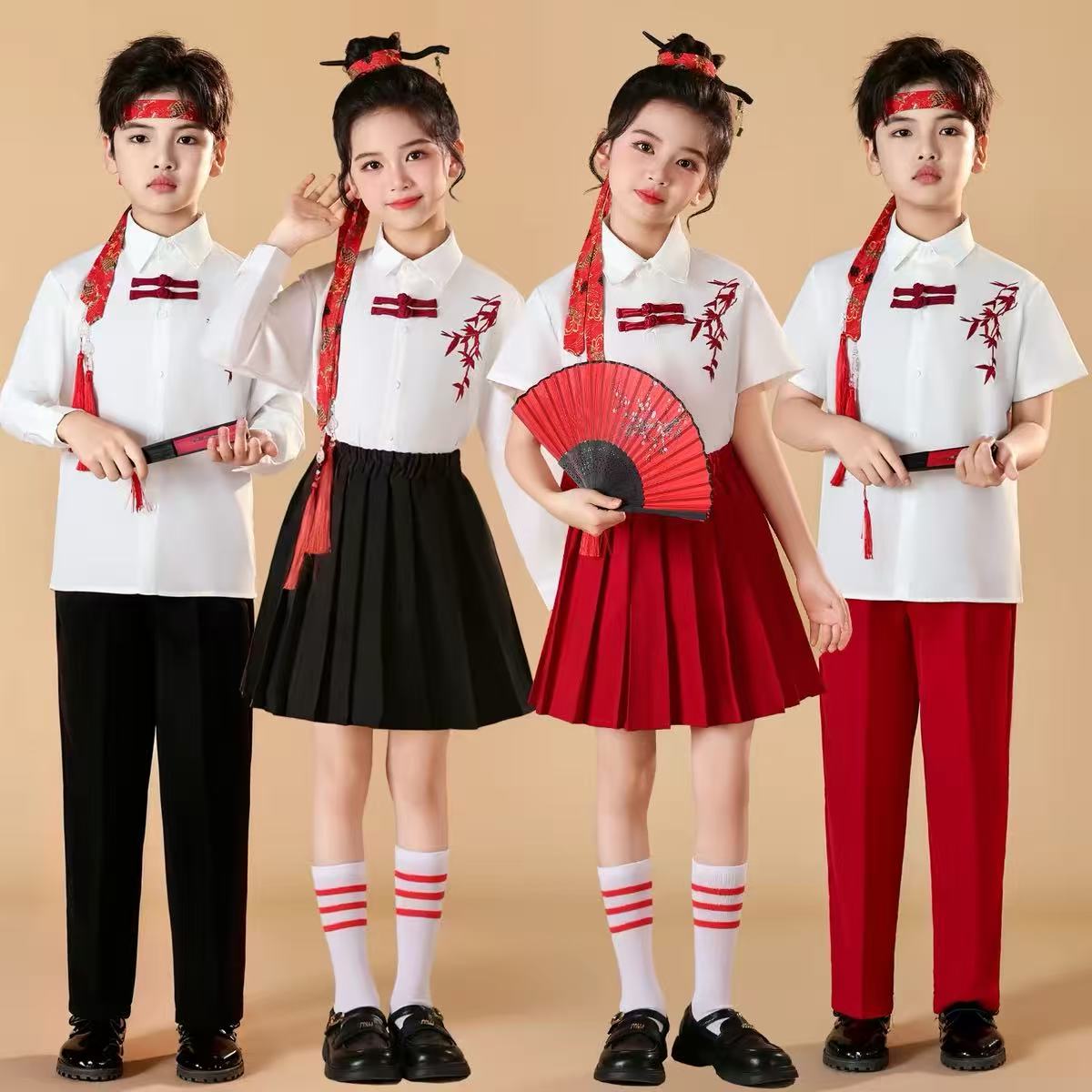 元旦儿童演出服男女童中国风合唱服新中式小学生诗歌朗诵表演服装图片