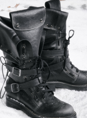 CestNous 气眼绑带朋克重工翻折两穿黑色骑士靴女圆头厚底增高靴