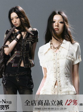 CestNous海巫诗语 复古铆钉十字褶皱花边短袖衬衫显瘦百搭短上衣