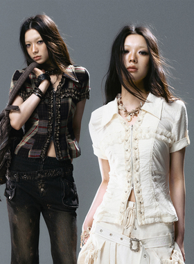 CestNous海巫诗语 复古铆钉十字褶皱花边短袖衬衫显瘦百搭短上衣