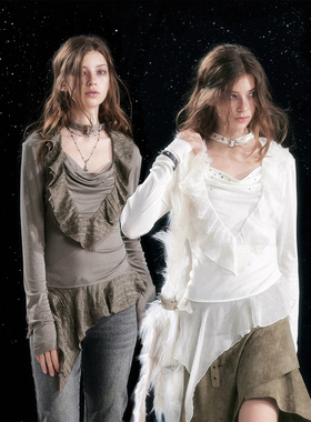 CestNous 甜丧荷叶边荡领天丝小衫女秋冬铆钉不规则拼接雪纺上衣