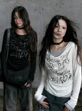 CestNous浪游世纪复古涂鸦印花假两件叠穿荡领条纹长袖针织上衣女