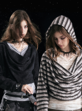 CestNous复古做旧条纹假两件连帽荡领上衣女秋冬百搭显瘦毛针织衫