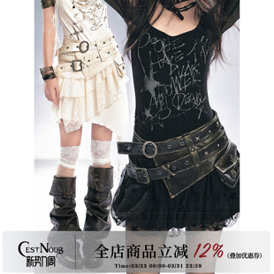 CestNous 重工复古金属雕花十字铆钉金属骑兵口袋双腰带皮腰封女