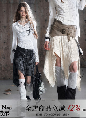 CestNous朋克拼接丝绒半身裙女秋季百搭腰带不规则格子裙摆中长裙