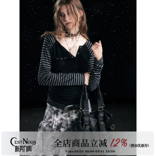 内搭打底衫 T恤女秋卡其棕修身 朋克黑灰撞色条纹插肩长袖 CestNous