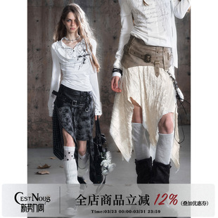 CestNous朋克拼接丝绒半身裙女秋季 百搭腰带不规则格子裙摆中长裙