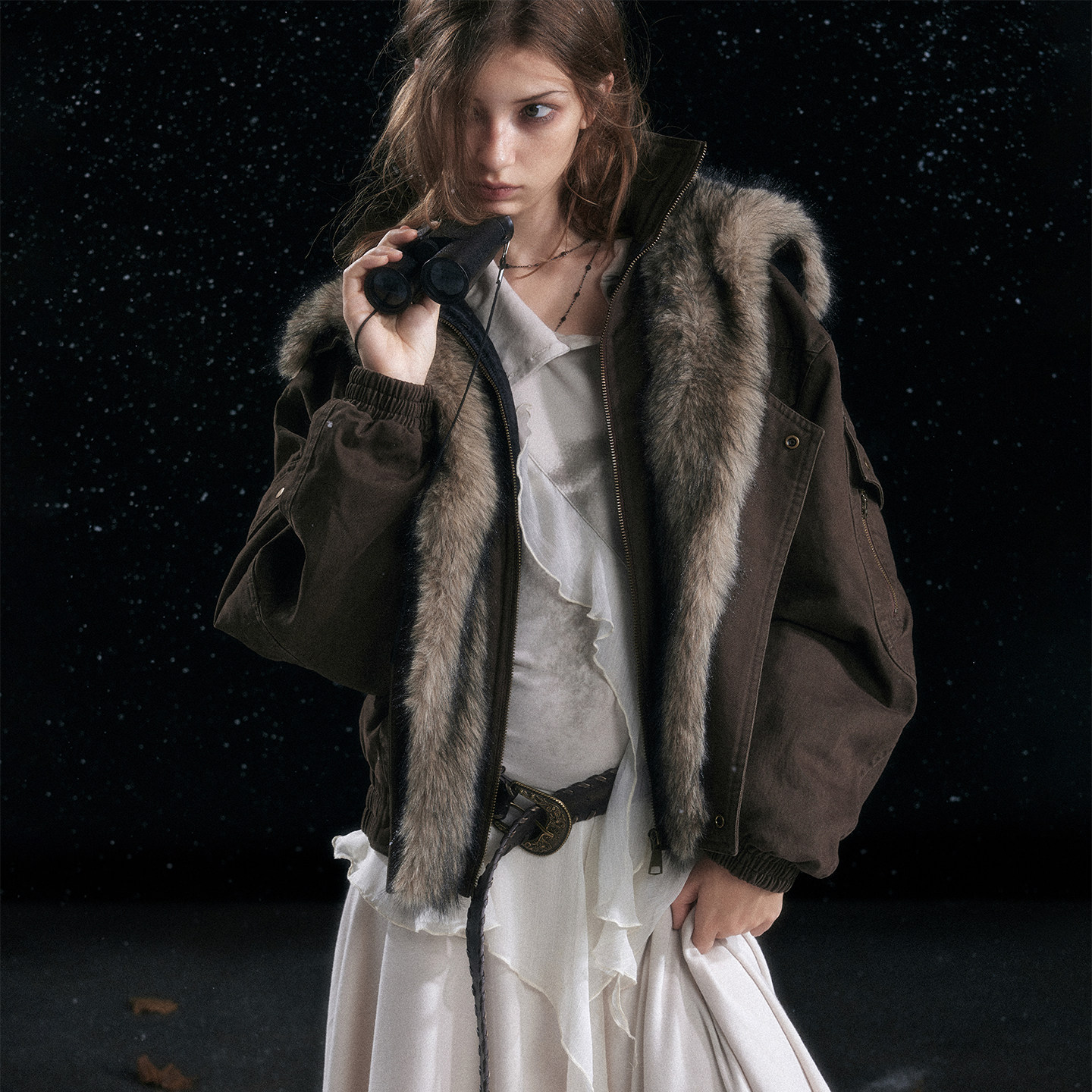 CestNous复古做旧飞行棉服夹克女加厚宽松保暖可拆卸毛领短款外套