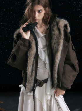 CestNous复古做旧飞行棉服夹克女加厚宽松保暖可拆卸毛领短款外套