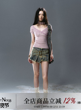 CestNous海巫诗语 不规则结构拼接腰带烫金毛边牛仔百褶裙裤女