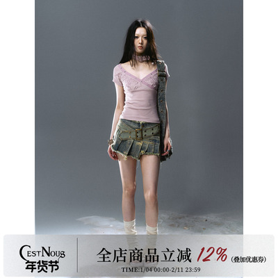 CestNous拼接牛仔百褶裙裤