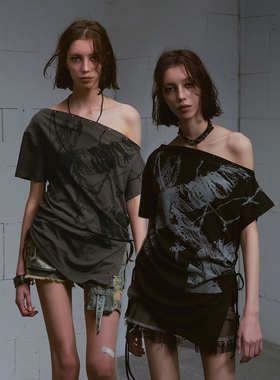 CestNous迷失末路 印花露肩短袖oversize斜肩抽绳T恤女夏季短袖