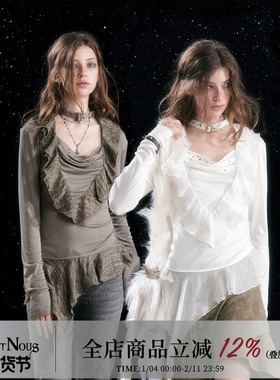 CestNous 甜丧荷叶边荡领天丝小衫女秋冬铆钉不规则拼接雪纺上衣