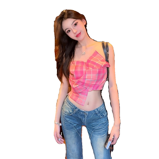 海边度假风甜辣妹音乐节多巴胺穿搭粉色格子性感露脐短款抹胸背心