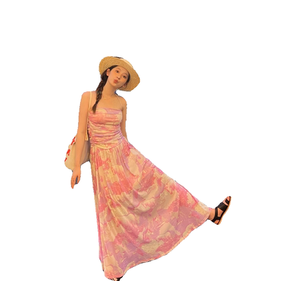 泰国旅行海边拍照超仙女度假沙滩长裙气质抹胸褶皱挂脖露背连衣裙