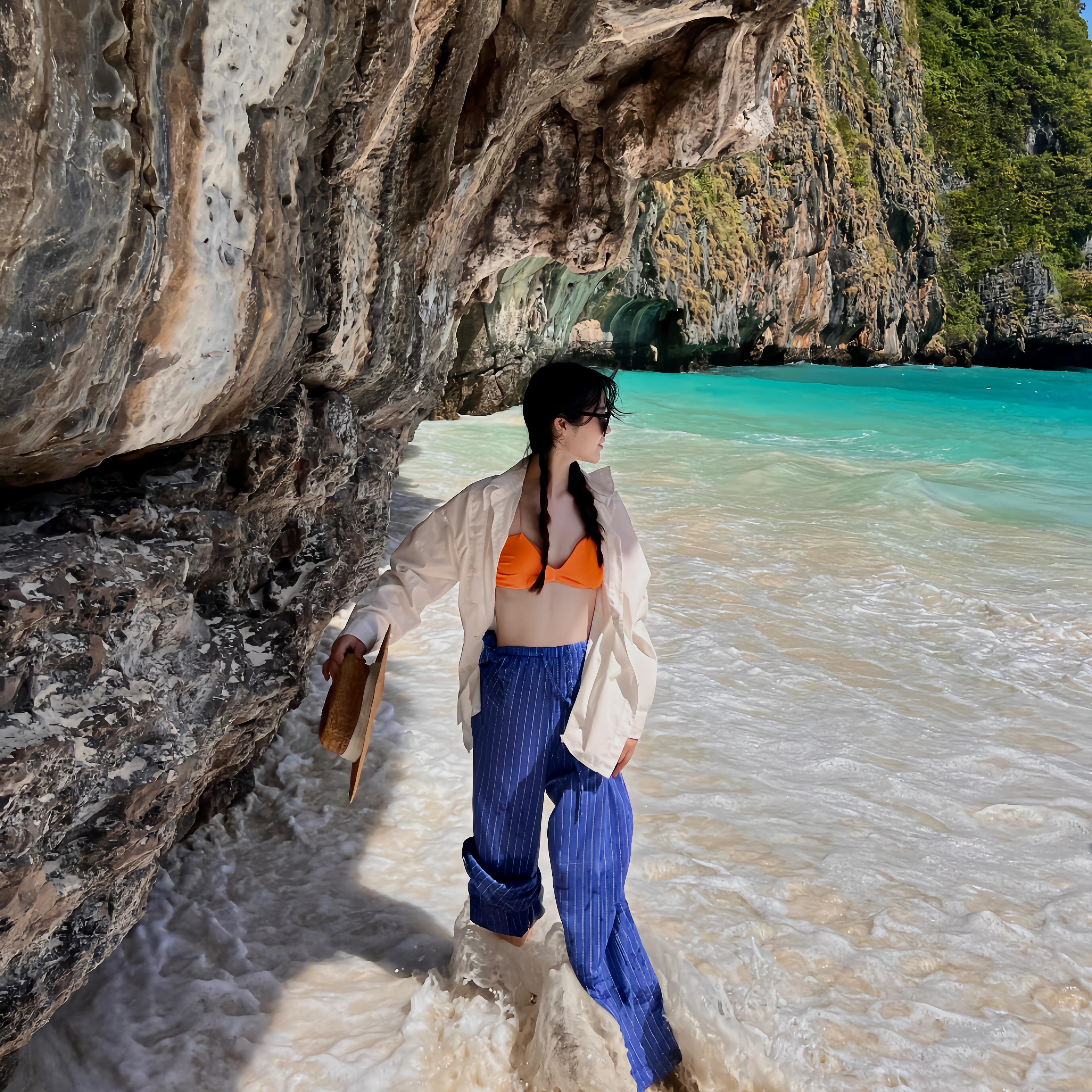 泰国海岛旅游度假风穿搭休闲白色衬衫内搭背心宽松阔腿裤三件套装