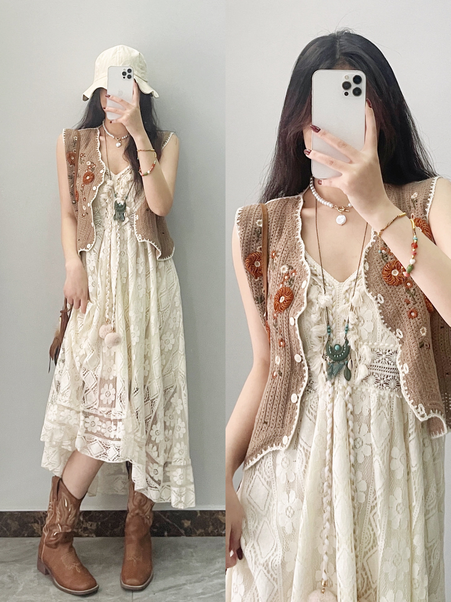 云南大理西双版纳旅游度假穿搭女文艺复古蕾丝吊带连衣裙两件套装