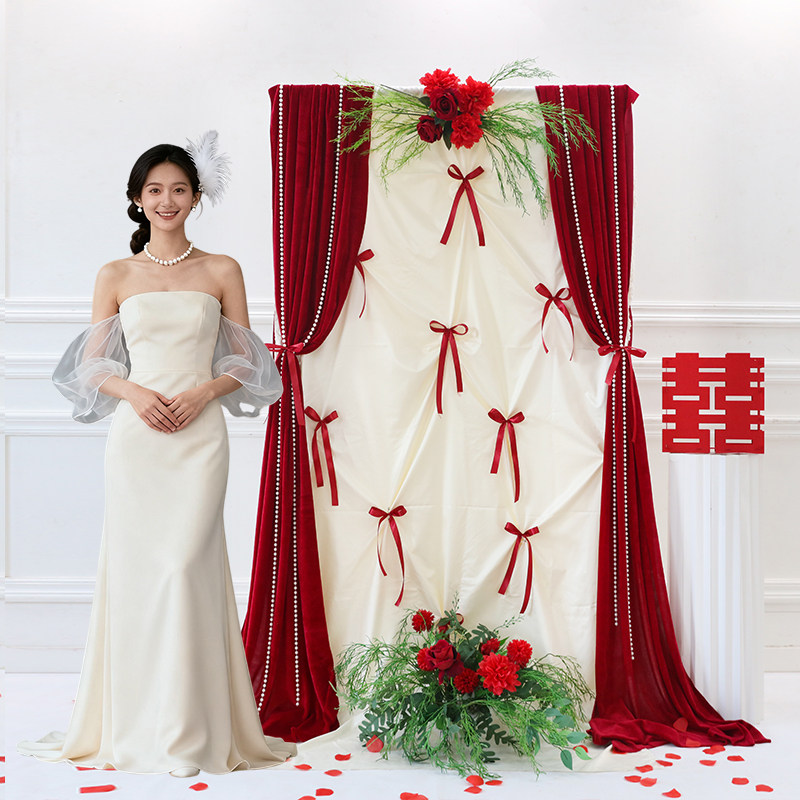 蝴蝶结布幔婚房婚礼婚庆结婚晨袍拍照背景布置中式红色订婚宴韩式