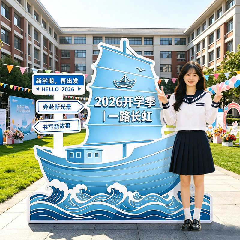 中高校开学店里扬帆起航帆船KT板大学新生入校氛围感拍照背景墙