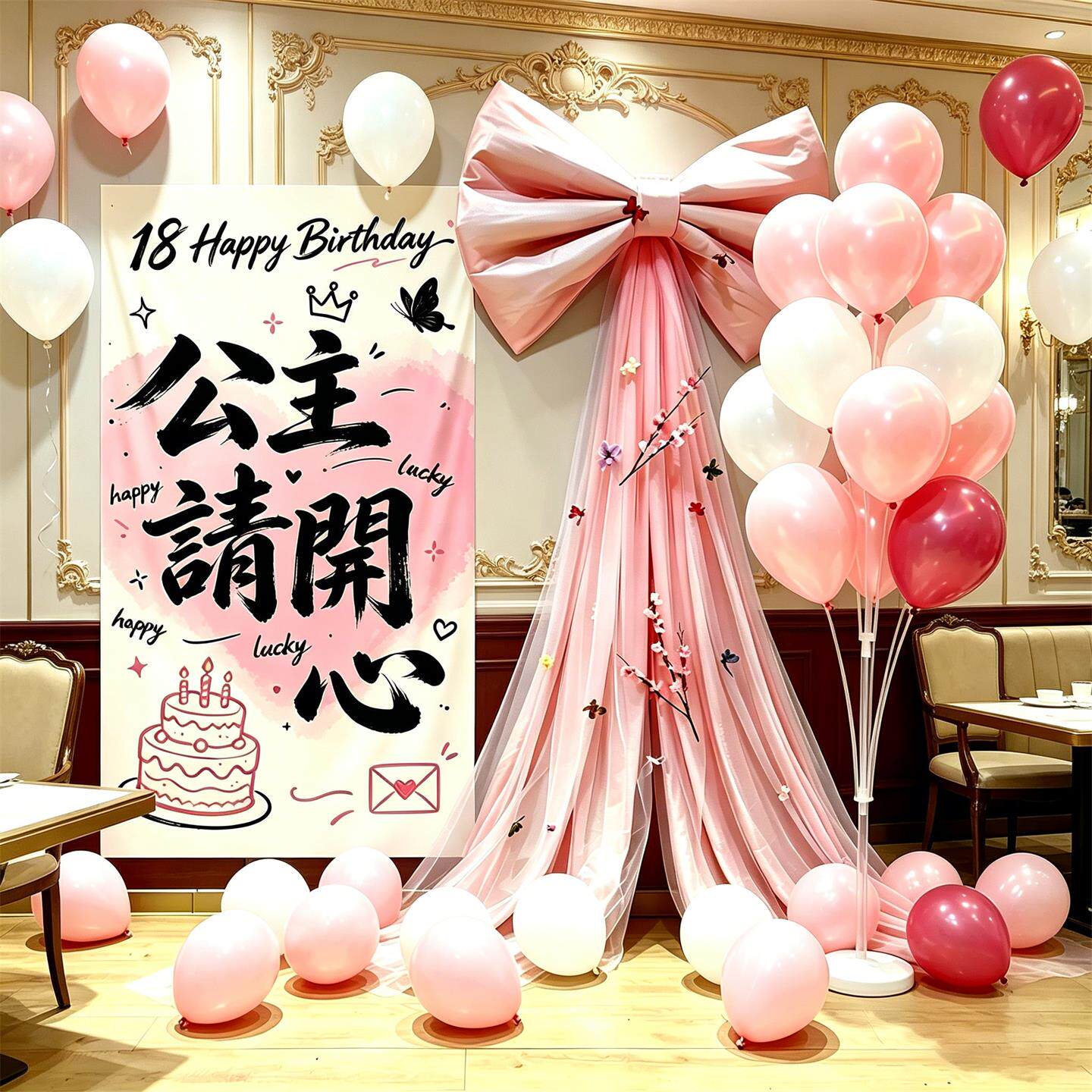 法式公主风18岁生日派对装饰用品粉色蝴蝶结网纱背景墙拍照道具