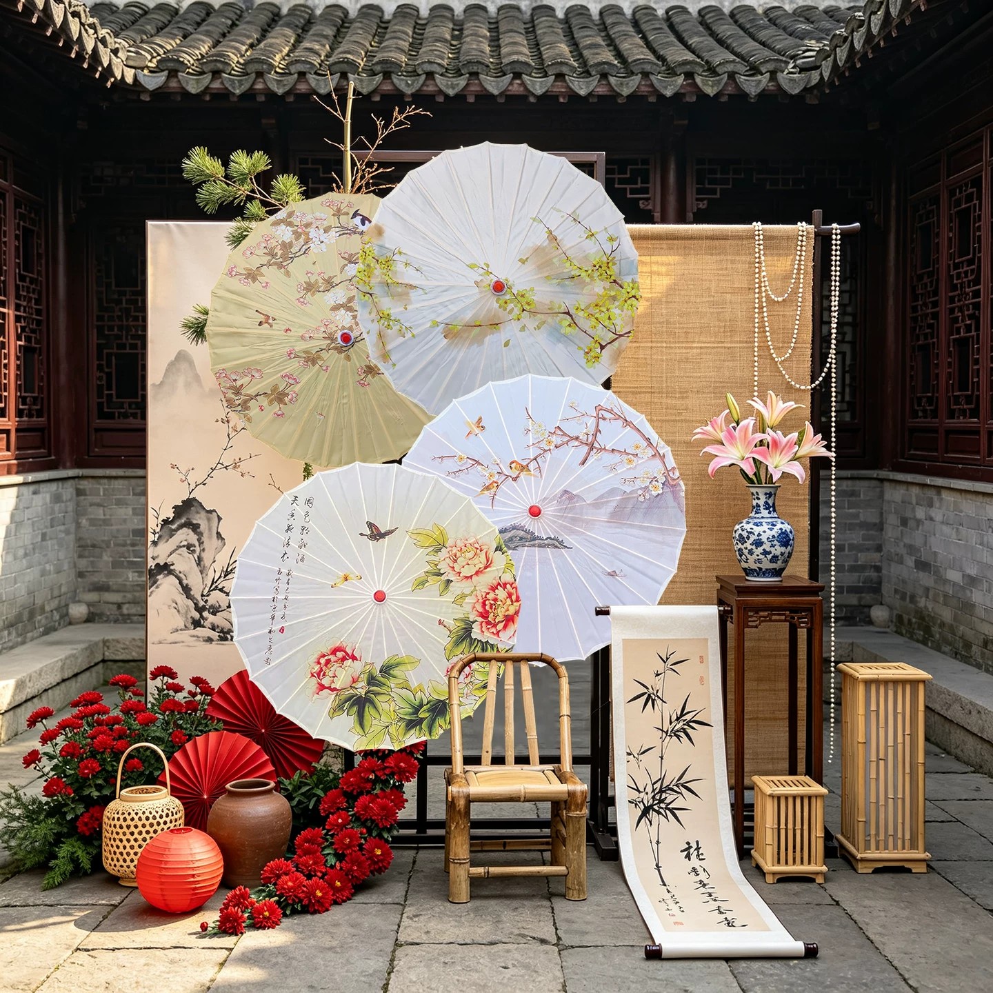 中式古风庭院汉服摄影油纸伞套装图片