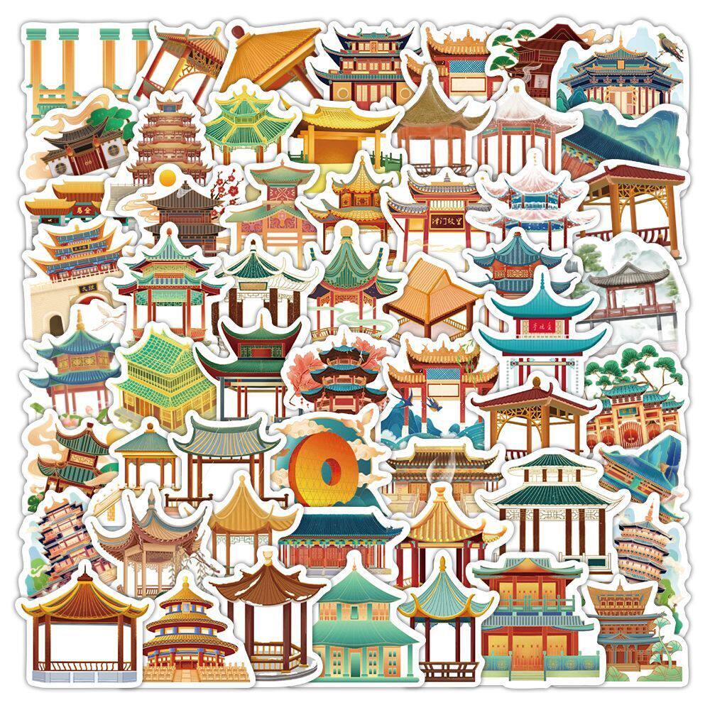 180张中国风著名建筑贴纸复古创意笔记本手机手账diy装饰贴画防水