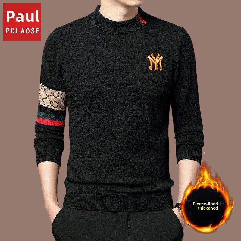 保罗高档加绒加厚羊毛衫男款休闲时尚半高领男士毛衣打底衫冬装