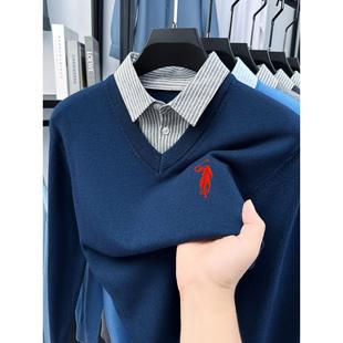 羊毛衫男V领柏拉图保罗假两件加厚冬季衬衫领毛衣羊绒打底针织衫