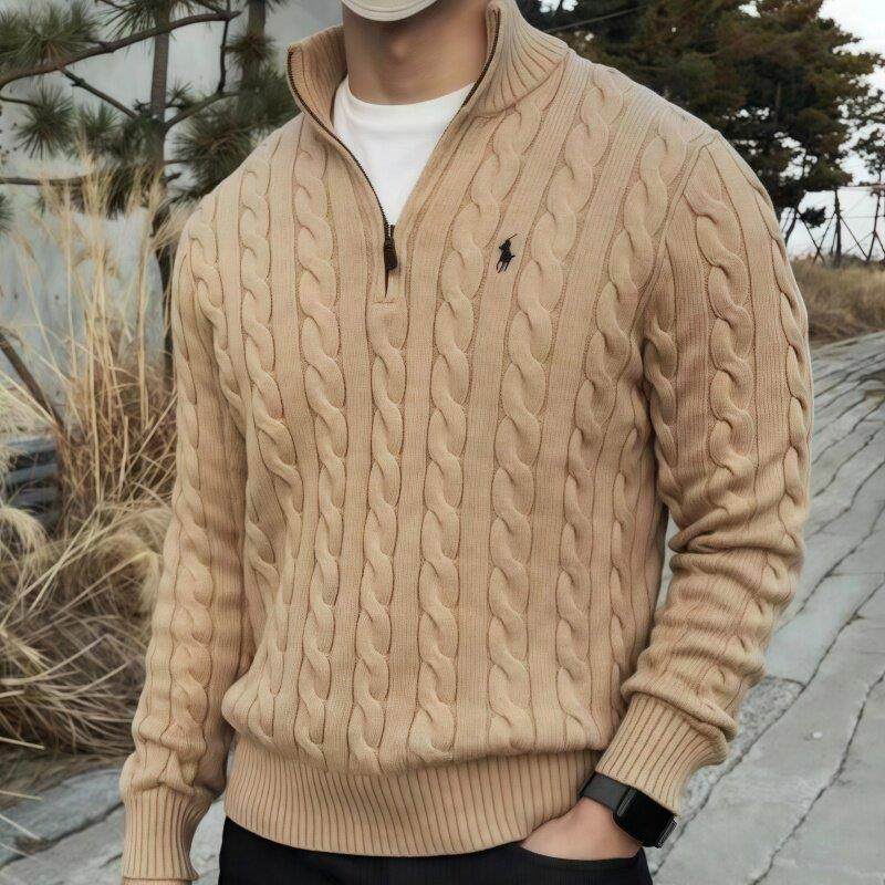 美式保罗毛衣男立领polo针织衫半拉链冬季保暖套头麻花打底羊毛衫