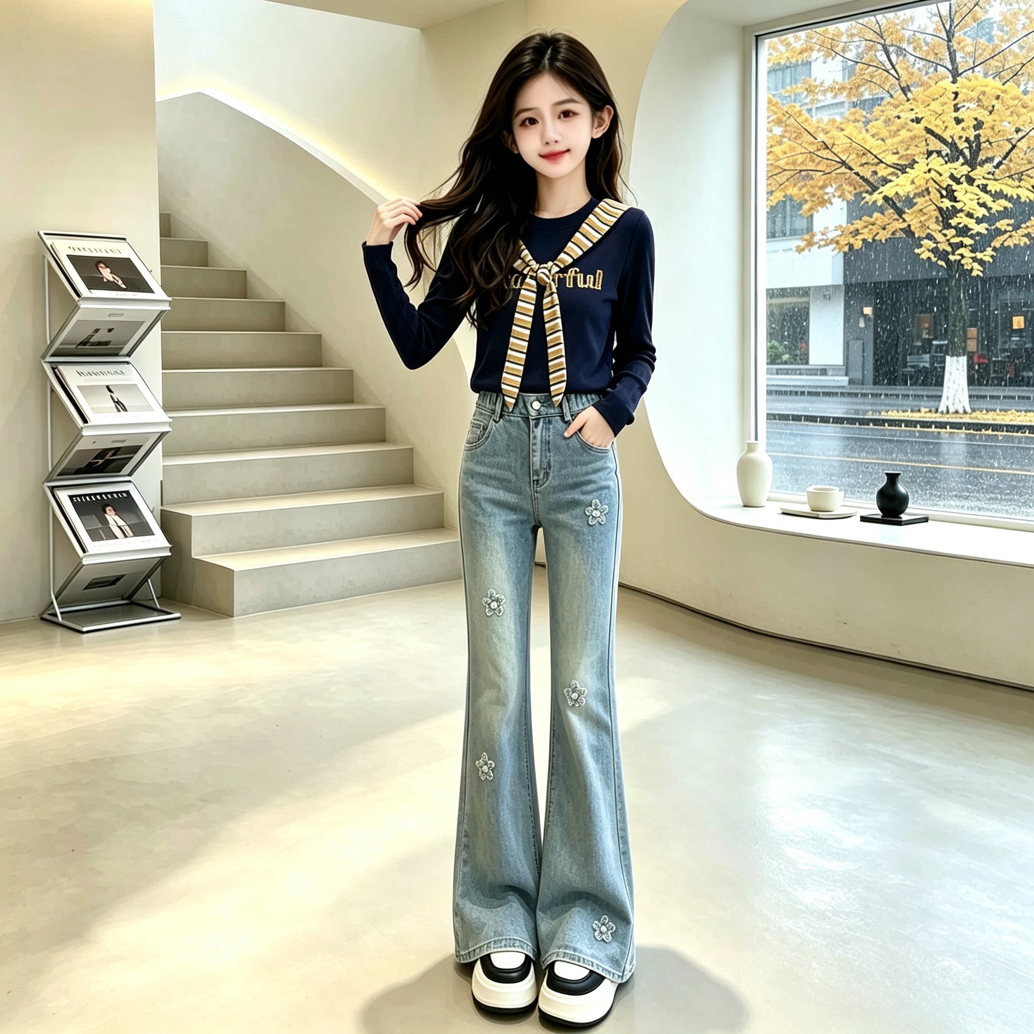 女童秋季休闲风微喇牛仔裤两件套