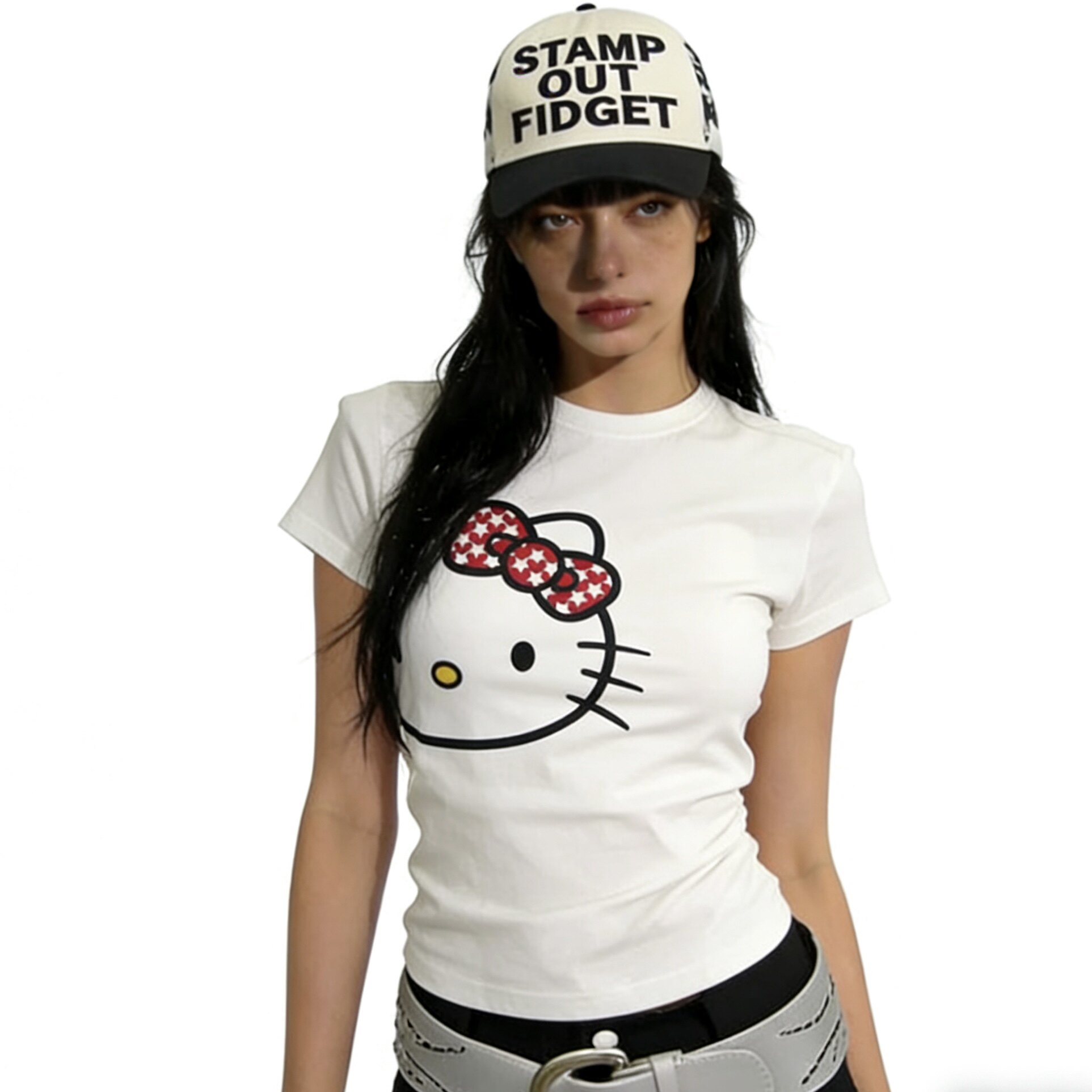 白色正肩圆领短袖T恤女夏季新款kitty猫印花小众设计感百搭上衣女