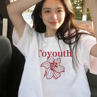 美式 新款 简约高级感休闲慵懒风上衣 T恤夏季 白色圆领宽松纯棉短袖