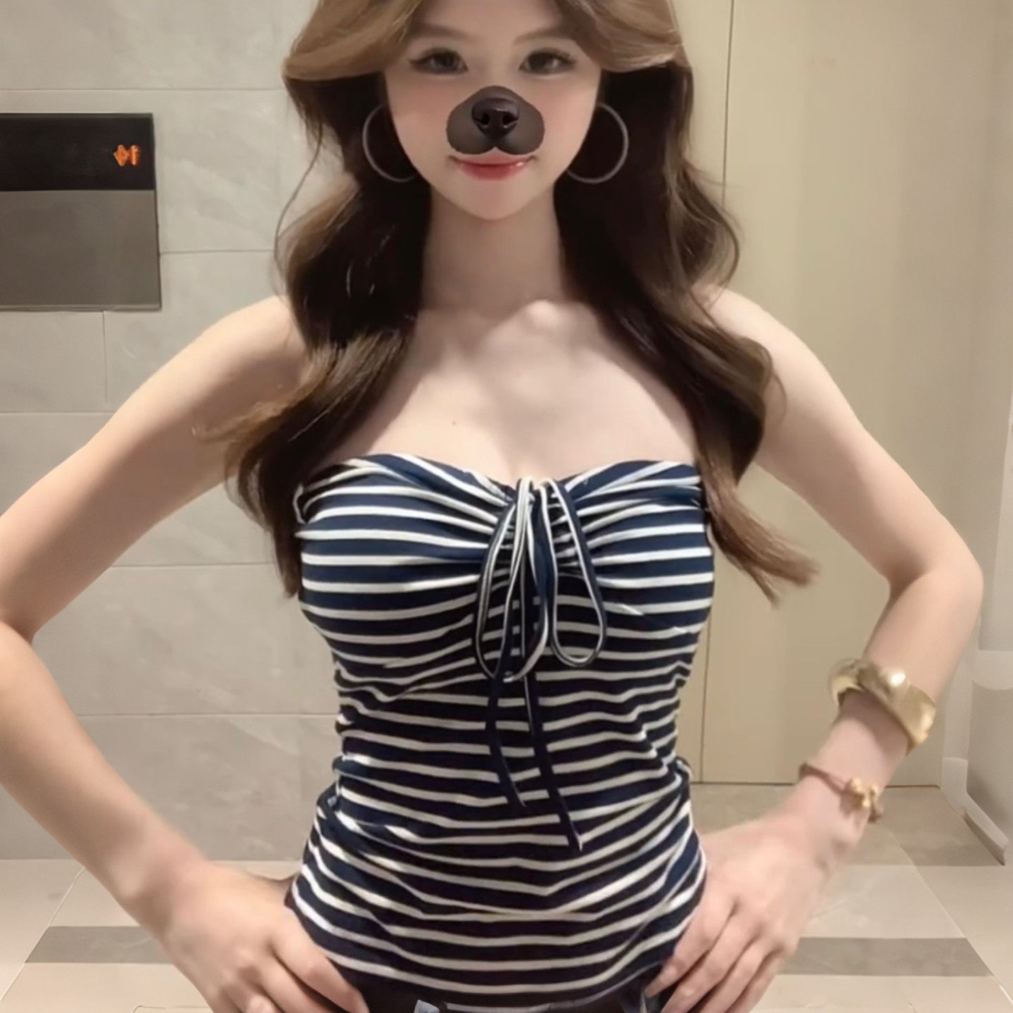 美式复古蓝白条纹系带抹胸女夏季新款修身显瘦百搭小众辣妹风上衣