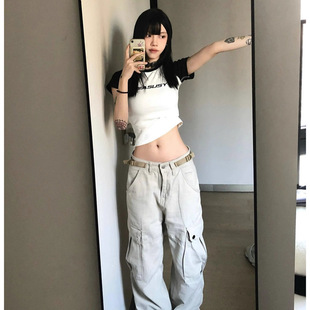 美式 白色圆领纯棉短款 款 T恤女夏季 字母设计休闲百搭辣妹上衣 短袖