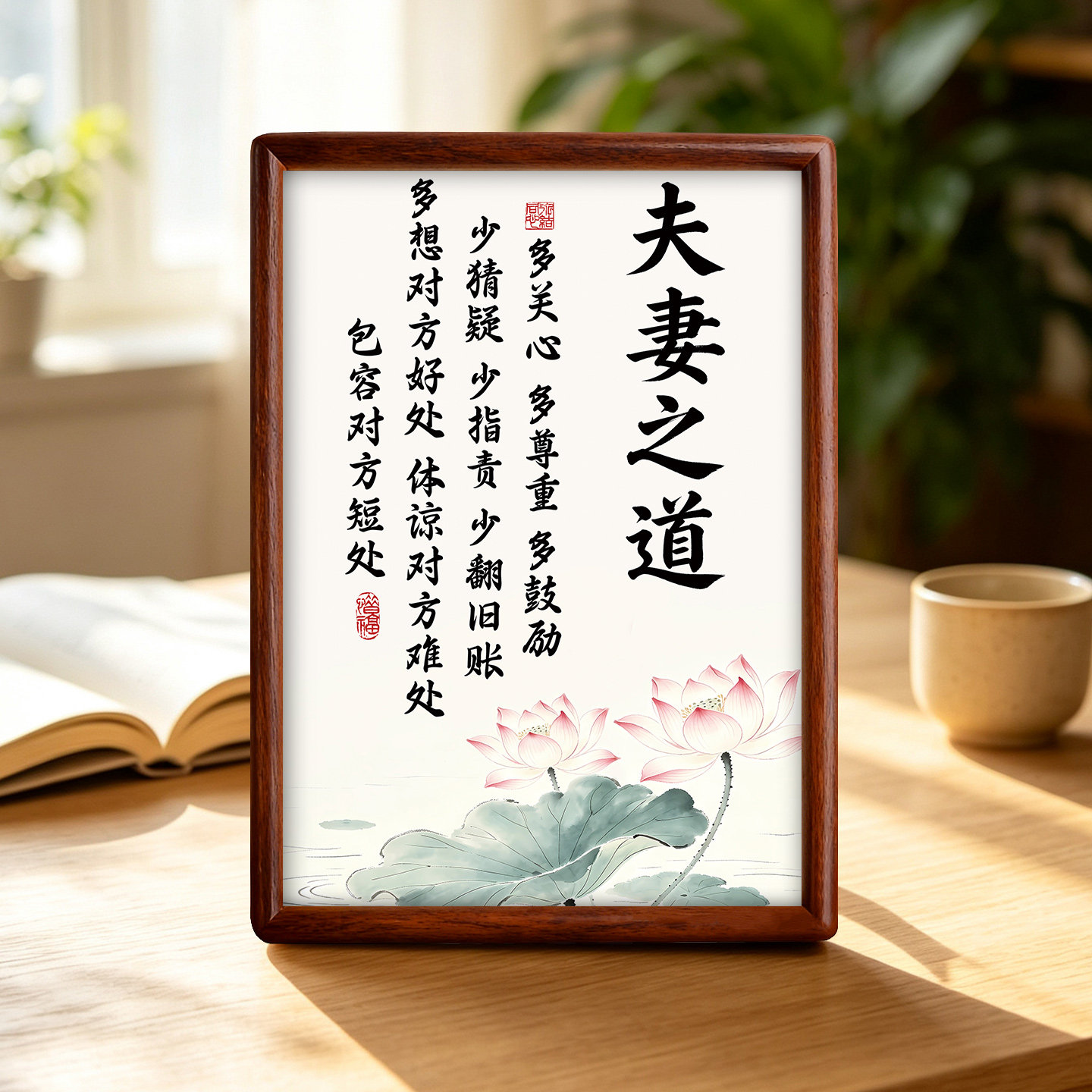 夫妻之道摆台画玄关客厅卧室装饰字画家庭和睦相处小摆件实木相框