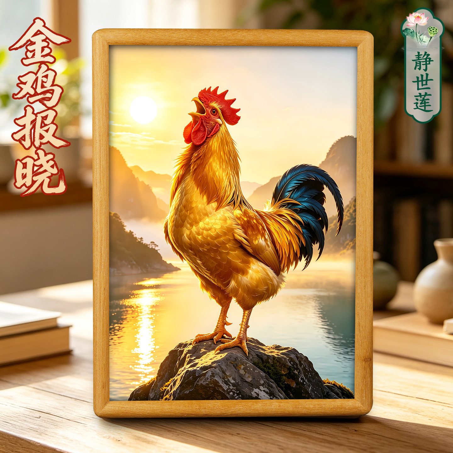 金鸡报晓挂画入户玄关客厅装饰画大公鸡大吉大利实木相框摆台中式