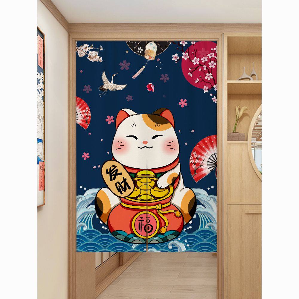 日式招财猫门帘隔断帘厨房遮挡帘布帘免打孔卧室半帘家用厕所帘子