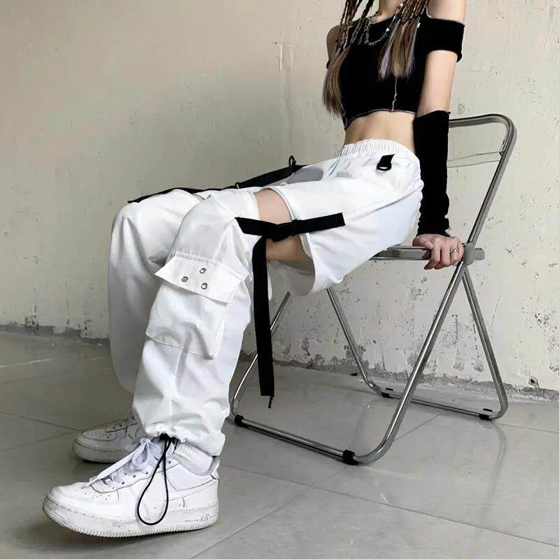 韩版ins可拆卸工装裤女宽松显瘦束脚裤2021新款高腰休闲直筒裤子