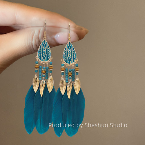 远方山黛！孔雀蓝羽毛长款耳环！显白超仙复古气质异域民族风耳坠
