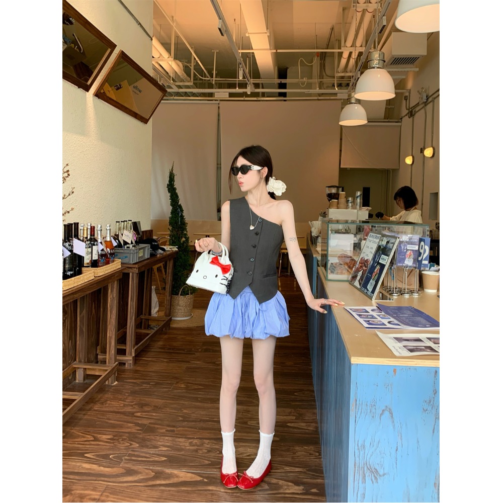 设计感单肩西装马甲背心上衣甜美风套装女夏季半身裙花苞裙两件套