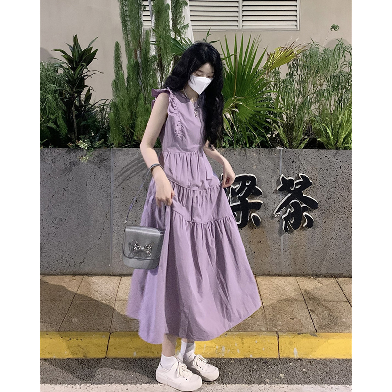 紫色小飞袖温柔风连衣裙