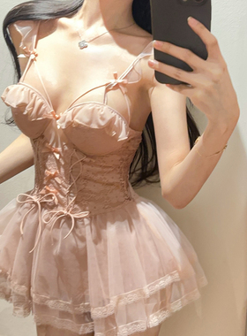 甜美法式蕾丝网纱透视吊带睡裙女性感V领花边带胸垫少女聚拢睡衣