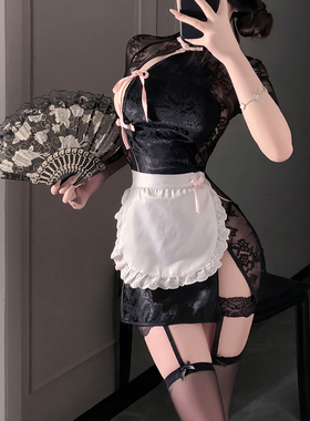 性感蕾丝透视旗袍女仆制服诱惑免脱睡衣女纯欲风辣妹睡裙私房内衣